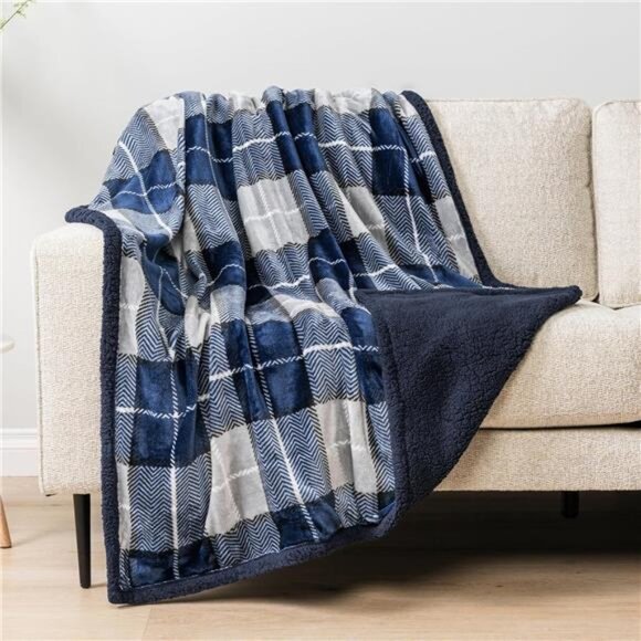 Blue Navy Plaid Sherpa Throw Blanket for Couch Twin, Plush Flannel - Picture 5 of 8